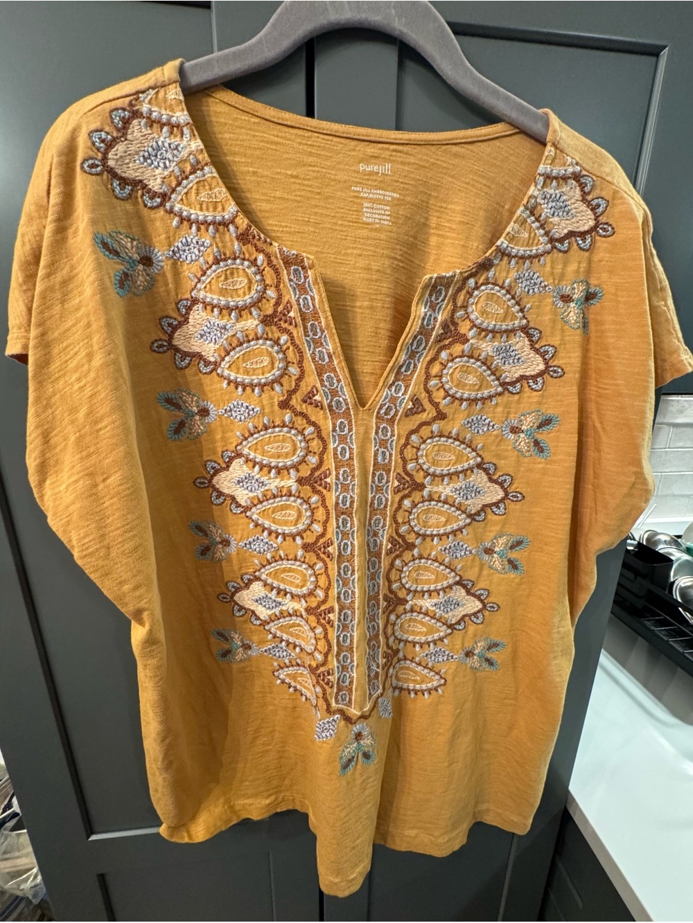 Pure Jill Embroidered Mustard Color Cap Sleeve Knit Top Size Large